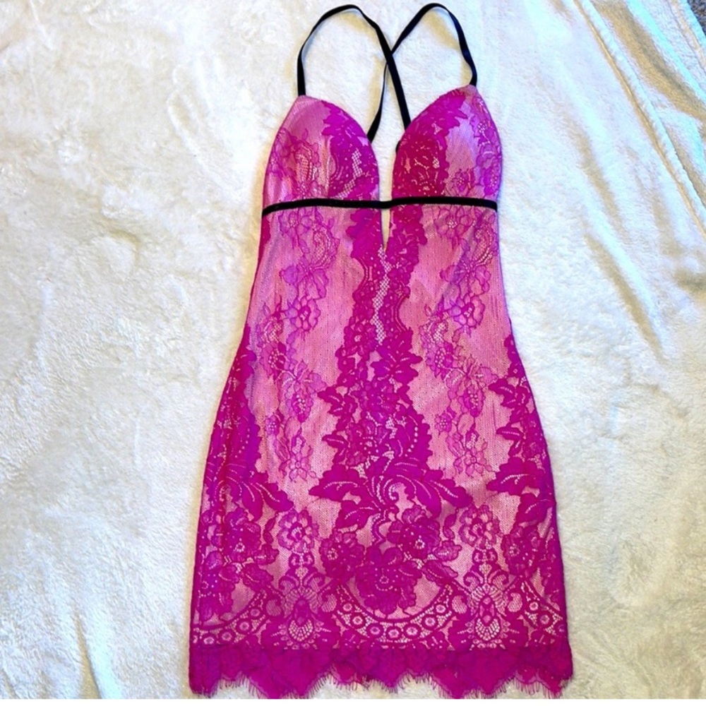 bebe Fuchsia Lace Mini Dress with Black Straps
